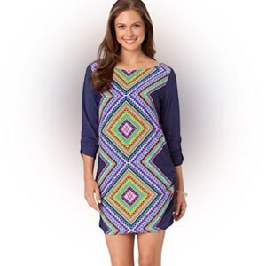 ANNE COLE Desert Diamonds Blue Boat Neck Side Shirred Cover Up Size 20